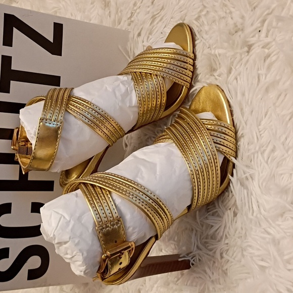New SCHUTZ Marcella Women's Metallic Gold Strappy Stiletto Heels SZ 5B - Picture 8 of 13
